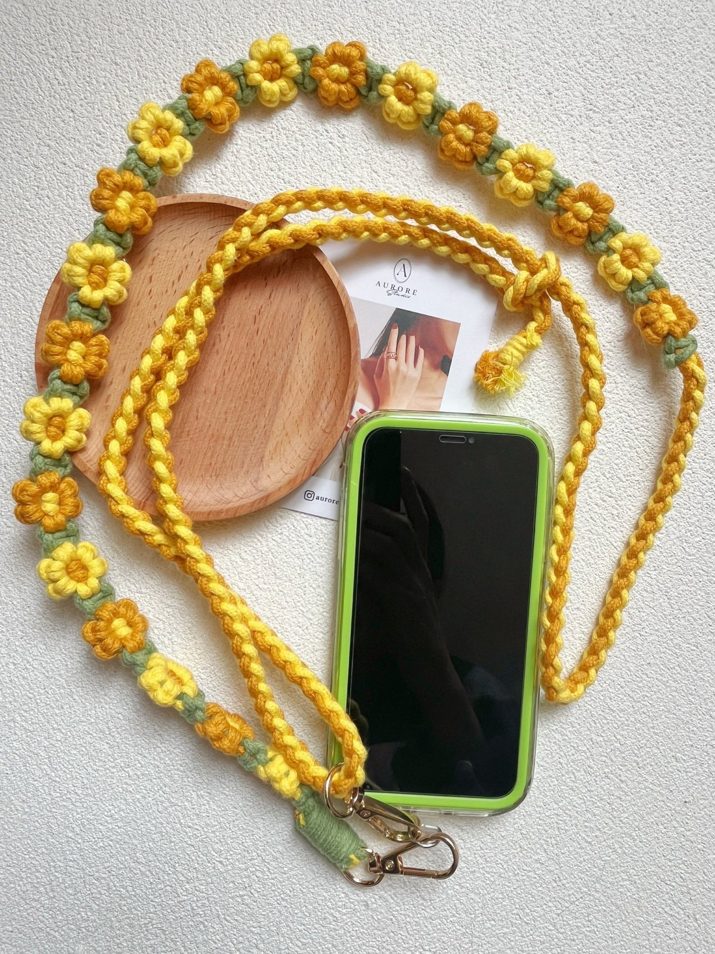 Chaîne de téléphone et appareil photo en coton Bandoulière ajustable à fleurs fait main - Aurore Studio