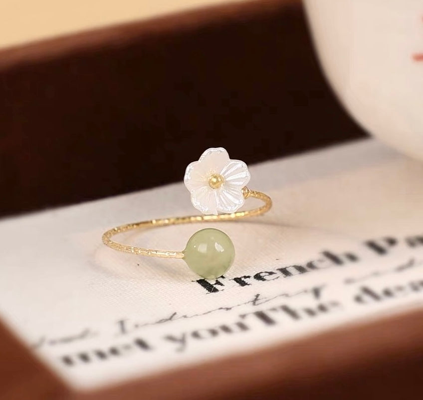 Bague Chinoise Ouverte Ajustable Fleur de Cerisier nacré et Jade Imitation