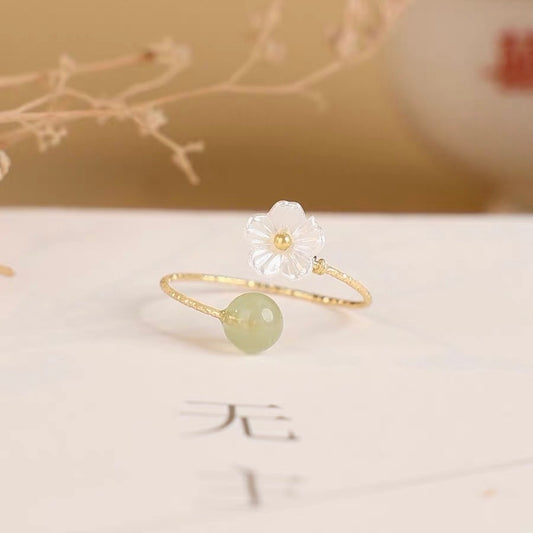 Bague Chinoise Ouverte Ajustable Fleur de Cerisier nacré et Jade Imitation